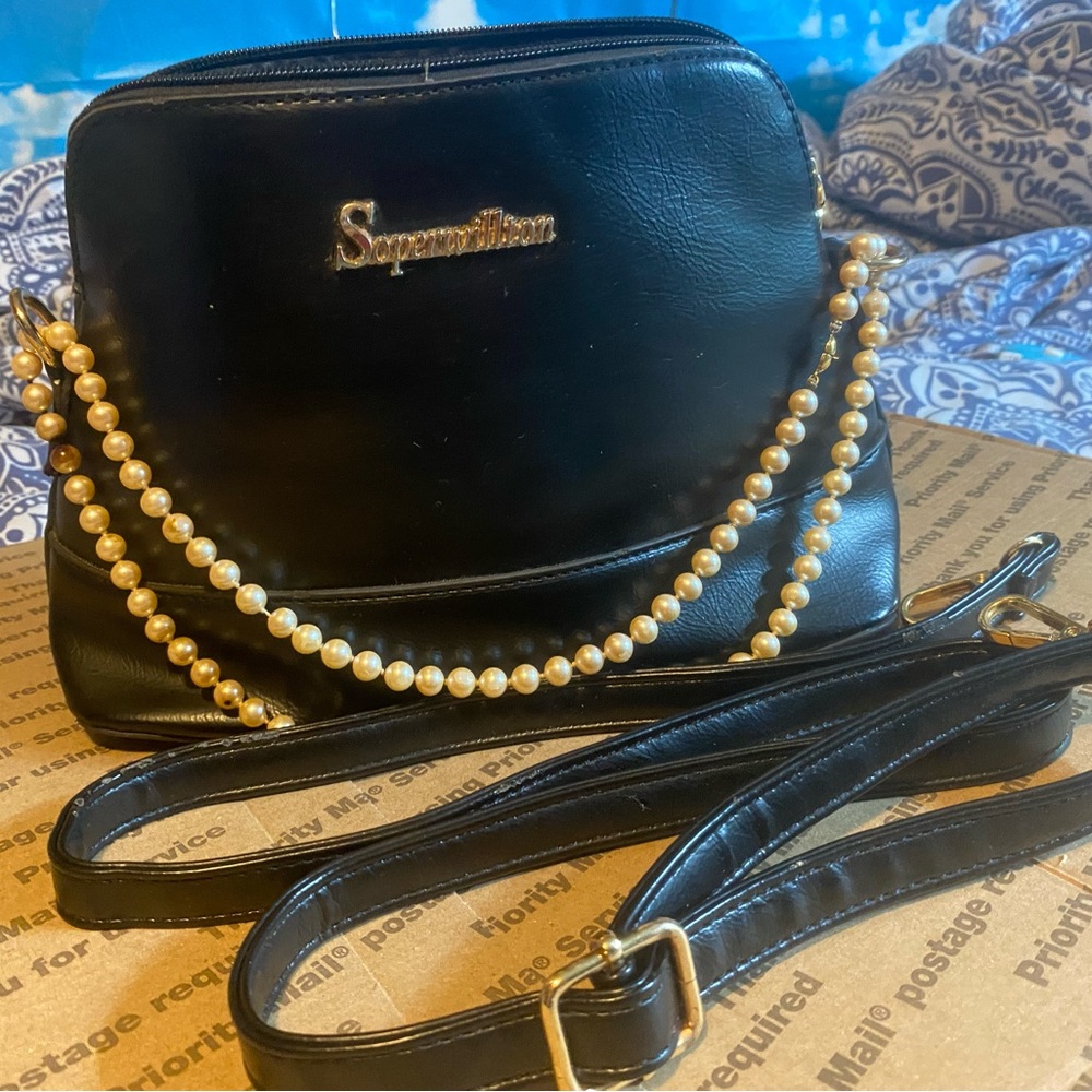 Black Crossbody Bag with Gold Chain